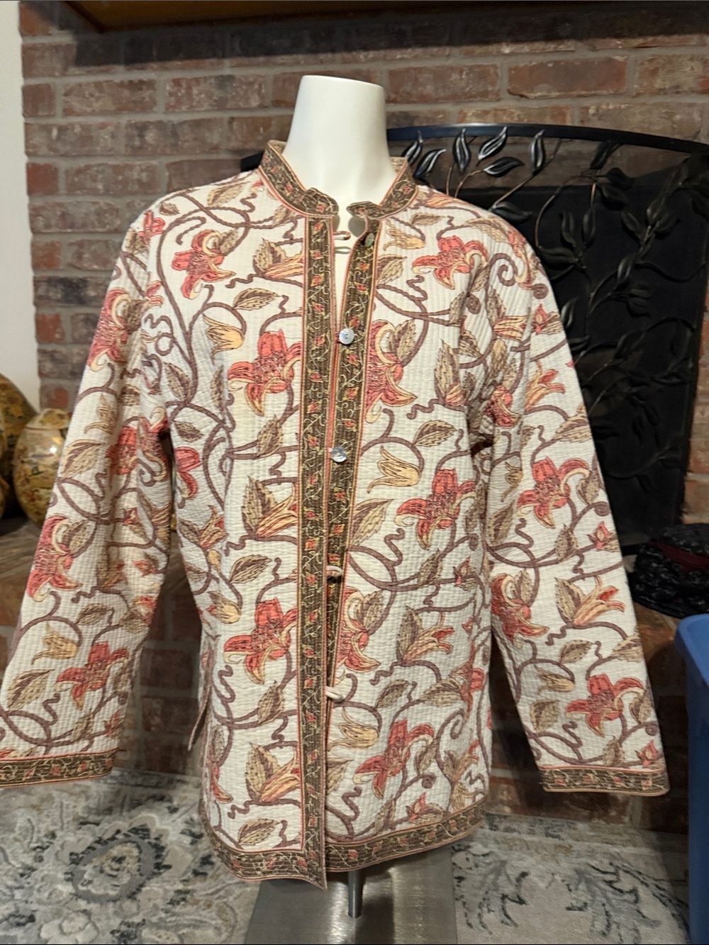 Reversible Quilted Floral Jacket Womens Boho Botanical Mother of Pearl Buttons